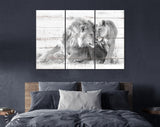 Lions in Love Canvas Print // White Wood Texture Canvas Print // Lion Couple Wall Art