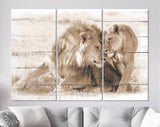 Lions in Love Sepia Canvas Print // White Wood Texture Canvas Print Sepia// Lion Couple Sepia Wall Art