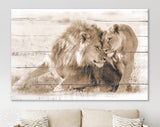 Lions in Love Sepia Canvas Print // White Wood Texture Canvas Print Sepia// Lion Couple Sepia Wall Art