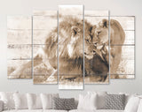 Lions in Love Sepia Canvas Print // White Wood Texture Canvas Print Sepia// Lion Couple Sepia Wall Art