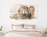 Lions in Love Sepia Canvas Print // White Wood Texture Canvas Print Sepia// Lion Couple Sepia Wall Art