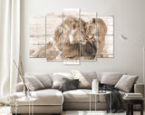 Lions in Love Sepia Canvas Print // White Wood Texture Canvas Print Sepia// Lion Couple Sepia Wall Art