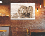 Lions in Love Sepia Canvas Print // White Wood Texture Canvas Print Sepia// Lion Couple Sepia Wall Art