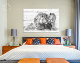 Lions in Love Canvas Print // White Wood Texture Canvas Print // Lion Couple Wall Art