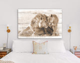 Lions in Love Sepia Canvas Print // White Wood Texture Canvas Print Sepia// Lion Couple Sepia Wall Art