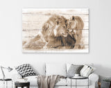 Lions in Love Sepia Canvas Print // White Wood Texture Canvas Print Sepia// Lion Couple Sepia Wall Art