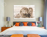 Lions in Love Sepia Canvas Print // White Wood Texture Canvas Print Sepia// Lion Couple Sepia Wall Art