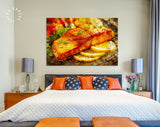 Grilled Salmon Canvas Print // Barbecued Salmon Steak, fried potatoes and vegetables // Grill Bar Restaurant Wall Decor // BBQ Wall Art