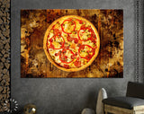 Pizza Canvas Print // Pizza with bell pepper, green olives, smoked sausages, mozzarella cheese, pepperoni, salami, chili pepper, champignons