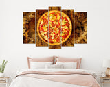 Pizza Canvas Print // Pizza with bell pepper, green olives, smoked sausages, mozzarella cheese, pepperoni, salami, chili pepper, champignons