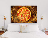 Pizza Canvas Print // Pizza with bell pepper, green olives, smoked sausages, mozzarella cheese, pepperoni, salami, chili pepper, champignons