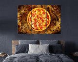 Pizza Canvas Print // Pizza with bell pepper, green olives, smoked sausages, mozzarella cheese, pepperoni, salami, chili pepper, champignons