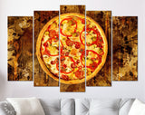 Pizza Canvas Print // Pizza with bell pepper, green olives, smoked sausages, mozzarella cheese, pepperoni, salami, chili pepper, champignons