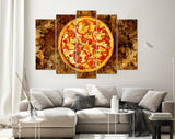 Pizza Canvas Print // Pizza with bell pepper, green olives, smoked sausages, mozzarella cheese, pepperoni, salami, chili pepper, champignons