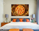 Pizza Canvas Print // Pizza with bell pepper, green olives, smoked sausages, mozzarella cheese, pepperoni, salami, chili pepper, champignons