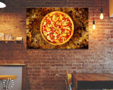 Pizza Canvas Print // Pizza with bell pepper, green olives, smoked sausages, mozzarella cheese, pepperoni, salami, chili pepper, champignons