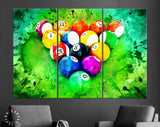 Billiard Canvas Print // Billiard balls arranged in a triangle // Top View // Billiard Wall Art // Billiard Club Wall Decor