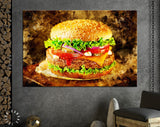 Burger Canvas Print // Burger with Beef and Cheese // Restaurant Bar BBQ Wall Decor // Steak House Wall Art // Barbecue Grill Print