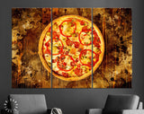 Pizza Canvas Print // Pizza with bell pepper, green olives, smoked sausages, mozzarella cheese, pepperoni, salami, chili pepper, champignons