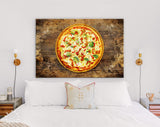 Pizza Canvas Print // Pizza with mushrooms, tomatoes, cheese, onion, oil, pepper, salt, basil, olive // Pizzeria Wall decor