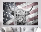 Highland Cow USA Flag Canvas Print // Highland Cow USA Flag Wood Background Canvas Print // Vintage Wall Art