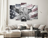 Highland Cow USA Flag Canvas Print // Highland Cow USA Flag Wood Background Canvas Print // Vintage Wall Art