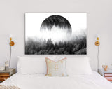 Foggy Forest Canvas Print // Dark Forest With Mirrored Circle In The Sky // Silent Misty Forest Wall Art // Black and White Forest Canvas