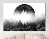 Foggy Forest Canvas Print // Dark Forest With Mirrored Circle In The Sky // Silent Misty Forest Wall Art // Black and White Forest Canvas