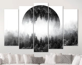 Foggy Forest Canvas Print // Dark Forest With Mirrored Circle In The Sky // Silent Misty Forest Wall Art // Black and White Forest Canvas