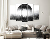 Foggy Forest Canvas Print // Dark Forest With Mirrored Circle In The Sky // Silent Misty Forest Wall Art // Black and White Forest Canvas