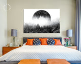 Foggy Forest Canvas Print // Dark Forest With Mirrored Circle In The Sky // Silent Misty Forest Wall Art // Black and White Forest Canvas