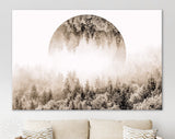 Foggy Forest Sepia Canvas Print // Magic Forest With Mirrored Circle In The Sky // Silent Misty Forest Wall Art // Sepia Forest Canvas