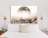 Foggy Forest Sepia Canvas Print // Magic Forest With Mirrored Circle In The Sky // Silent Misty Forest Wall Art // Sepia Forest Canvas