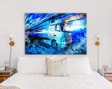 Night Truck Canvas Print // Modern High Speed Truck With Trailer in Motion With Technology Lights Background // Logistic & Transportation