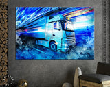 Night Truck Canvas Print // Modern High Speed Truck With Trailer in Motion With Technology Lights Background // Logistic & Transportation