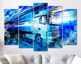 Night Truck Canvas Print // Modern High Speed Truck With Trailer in Motion With Technology Lights Background // Logistic & Transportation