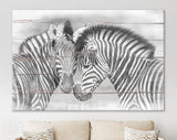 Zebras in Love Canvas Print // Zebra White Wood Background Canvas Print // Farmhouse Wall Decor // Cuddles Between Two Zebras // Love