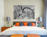 Zebras in Love Shadow Overlay Canvas Print // Black & White Couple of Zebras Wall Art // Cuddles Between Two Zebras // Animals in Love