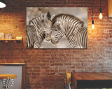 Zebras in Love Sepia Shadow Overlay Canvas Print // Zebra White Wood Background Canvas Print // Cuddles Between Two Zebras / Animals in Love