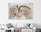 Vintage Zebras in Love Canvas Print // Cuddles Between Two Zebras Old Wall Background Canvas Print // Vintage Wall Art // Animals in Love