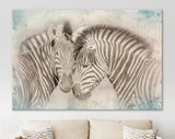 Vintage Zebras in Love Canvas Print // Cuddles Between Two Zebras Old Wall Background Canvas Print // Vintage Wall Art // Animals in Love