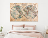 World Map Canvas Print / Genuine Old Stained World Map Dated From The Mid 1800's Showing Western And Eastern Hemispheres With Hand Colouring