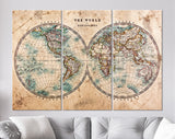 World Map Canvas Print / Genuine Old Stained World Map Dated From The Mid 1800's Showing Western And Eastern Hemispheres With Hand Colouring