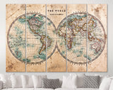 World Map Canvas Print / Genuine Old Stained World Map Dated From The Mid 1800's Showing Western And Eastern Hemispheres With Hand Colouring