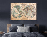 World Map Canvas Print / Genuine Old Stained World Map Dated From The Mid 1800's Showing Western And Eastern Hemispheres With Hand Colouring