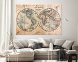 World Map Canvas Print / Genuine Old Stained World Map Dated From The Mid 1800's Showing Western And Eastern Hemispheres With Hand Colouring