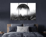 Foggy Forest Canvas Print // Dark Forest With Mirrored Circle In The Sky // Silent Misty Forest Wall Art // Black and White Forest Canvas