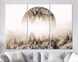 Foggy Forest Sepia Canvas Print // Magic Forest With Mirrored Circle In The Sky // Silent Misty Forest Wall Art // Sepia Forest Canvas