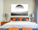 Foggy Mountains Canvas Print // Mountains With Mirrored Circle In The Sky // Silent Misty Mountains Wall Art // Black and White Mountains