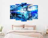 Night Truck Canvas Print // Modern High Speed Truck With Trailer in Motion With Technology Lights Background // Logistic & Transportation